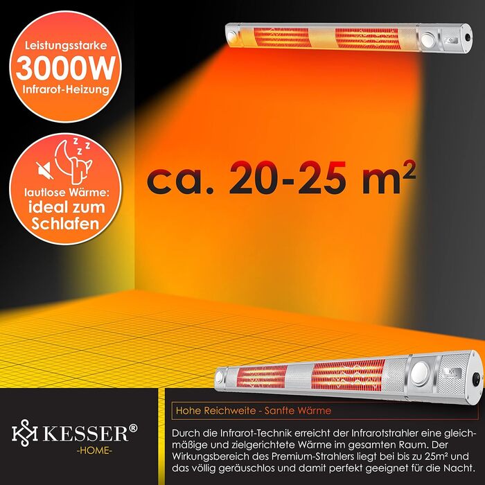 Інфрачервовий обігрівач KESSER® 3000W з LED-підсвічуванням та Wi-Fi, для тераси, кафе, бару, з пусковим пристроєм та захисним чохлом. Кварцовий настінний обігрівач (срібний)
