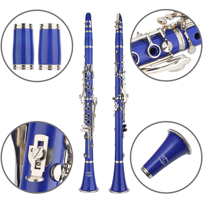 Професійна ебонітова кларнет Glory GLY-CLAGN з 10 тростинками, стійкою, кейсом, серветкою, щіткою для мундштука та щіткою для клапанів, зелений (темно-синій/срібний)