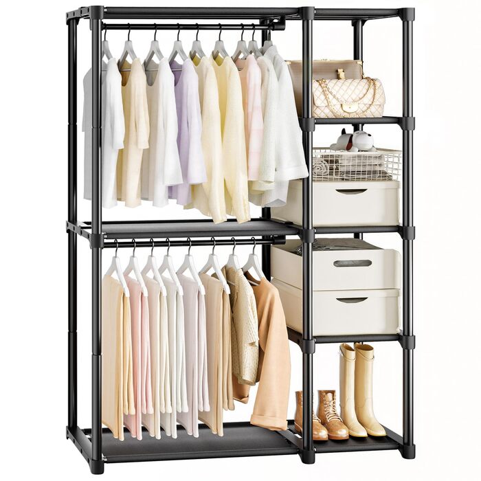 Відкритий шафа для одягу Mavivegue з 4 полицями та вішалкою, чорний - 40x121x161 см