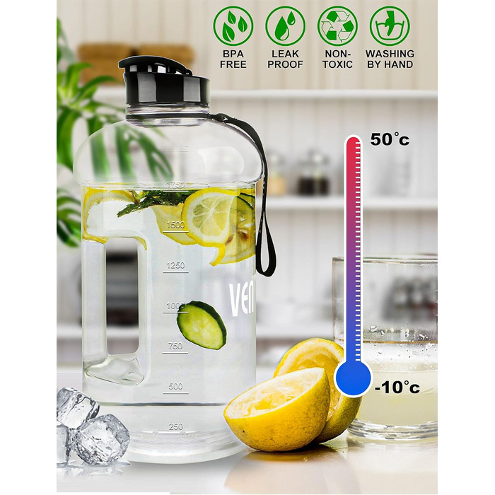 Пляшка для води 2.2л з ручкою, велика прозора, BPA-free, для спорту, туризму, фітнесу, подорожей - міцна пластикова пляшка