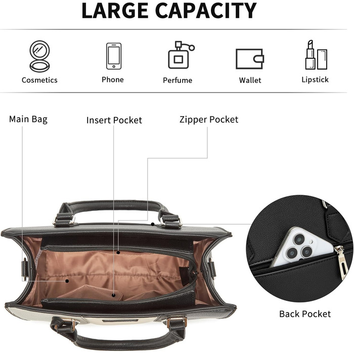 Сумка жіноча Miss Lulu середнього розміру з PU шкіри, сіра+чорна, з плечовим ремінцем для офісу, школи, подорожей та покупок