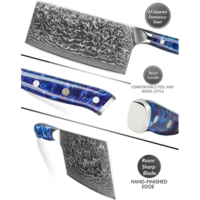 SANMUZUO Nakiri Messer 19 см - професійний ніж шеф-кухаря Дамаск, серія Xuan, VG10 сталь, ручка з гірської смоли (Dream Orange)