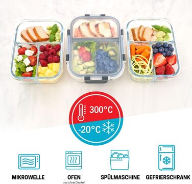 Набір контейнерів для їжі Igluu Meal Prep (3 шт.) – 980 мл, з 3 відділеннями, з боросилікатного скла, BPA-free, підходить для мікрохвильовки, духовки, морозильної камери та мийки посуду, витікання неможливе