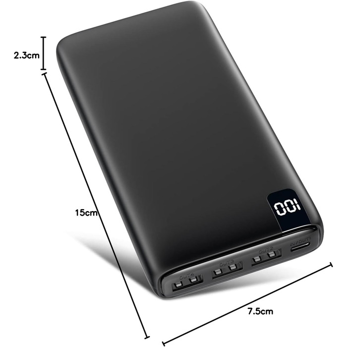 Power Bank Riapow 26800mAh з LED-дисплеєм: зарядка для смартфонів та планшетів, 4 порти USB, 22,5W, чорний