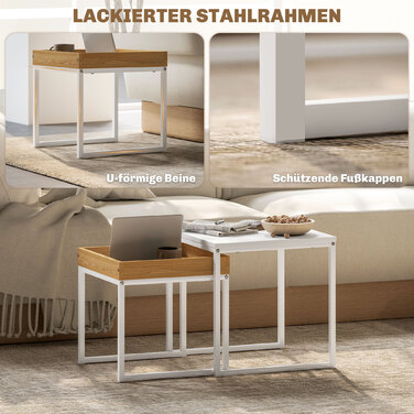 HOMCOM 2-Piece Couch Table Set, Square Side Table, Coffee Table with Steel Frame, Sofa Table in Modern Design, for Living Room, Holds up to 30 kg, White+Oak | Aosom
