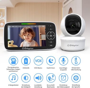 Дитячий відеоняня Babystar з камерою, 5 дюймів, 720P HD, без Wi-Fi, акумулятор 4000 mAh, Vox-функція, датчик температури, нічне бачення, 2-сторонній аудіо