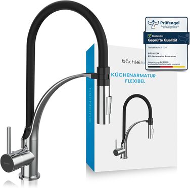Кухонний змішувач Bächlein Nedo – поворотний на 360° з нержавіючої сталі, з гнучкою голкою та виливним гусаком з перемикачем, для кухні (гнучкий)