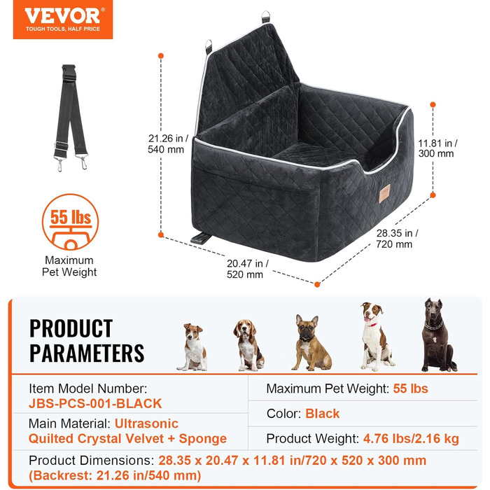 Автокрісло для собак VEVOR, чорне, велике (до 25 кг) з підсклянником та безпечною шлейкою