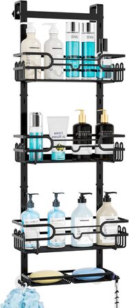 HapiRm Shower Shelf - Hanging Shower Rack Adjustable with 4 Shower Baskets, Shower Shelf No Drilling with Soap Dish and Hooks, Shower Shelf Over the Door Glass Wall & Bathroom Door, Black