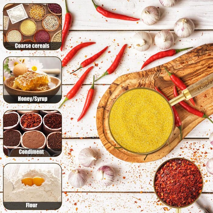 8-Piece Gold-Colored Measuring Cup and Spoon Set with Wooden Handle, Portable, Reusable, Stainless Steel Measuring Spoon Set with 8 Curved Hooks for Kitchen, Home, Baking