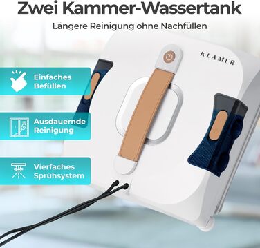 Робот для миття вікон KLAMER 3500 Pa: автоматичний очищувач з резервуаром для води 100 мл, режим вологого очищення, виявлення країв, тихий (60 дБ), захист від падіння, смарт-планування траєкторії, білий