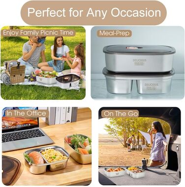 Набір ланч-боксів Kabbas Premium (2 шт.), 1.2L+1.7L, нержавіюча сталь 304, з відділеннями, не протікають, для дорослих та підлітків, легкі, ідеальні для школи, офісу, відпочинку на природі