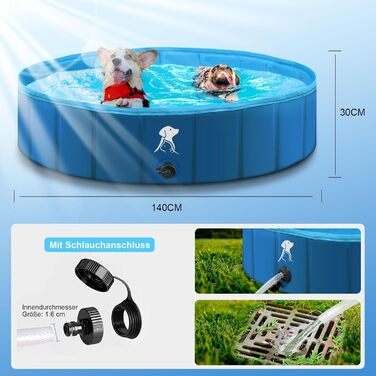 Dog Pool for Large & Small Dogs, Foldable Dog Splash Pool 160 * 30CM Dog Bathtub Stable Swimming Pool Pet Child Swimming Pool Non-Slip Portable Blue (140CM)