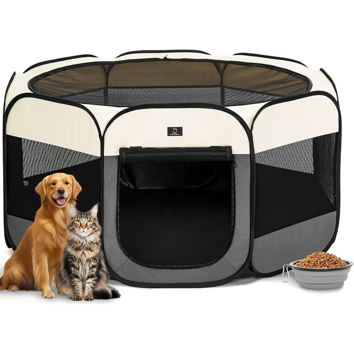 Клітка-вигул для цуценят та тварин 4 Pet, розкладний вольєр для собак та котів, для дому, з блискавкою, портативний, M, блакитно-білий (L з мискою, темно-сірий та бежевий)