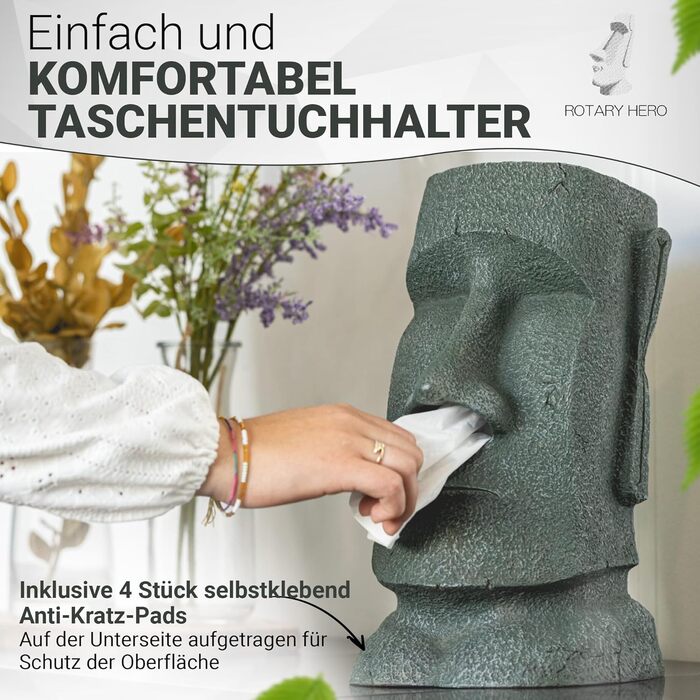 Rotary Hero Moai Tissue Box - Tissue Box with Moai Figure - Decorative Tissue Holder for Kitchen, Bathroom and Bedroom - 18 x 14.5 x 32 cm