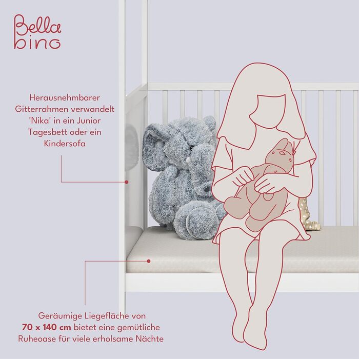 Bellabino Nika Babybett in House Style 70 x 140 cm, crib and house bed for children and babies made of solid pine wood in white, 3-fold height adjustable including slatted frame