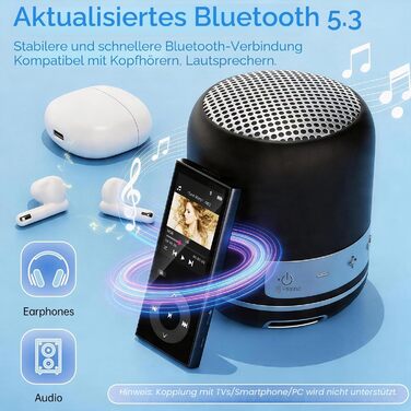 MP3 плеєр з Bluetooth 5.3 та динаміком, 90 ГБ пам'яті, 2.4