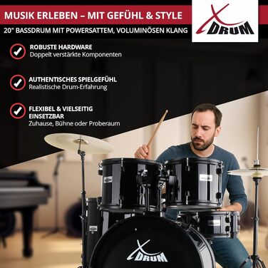 XDrum Rookie 20' Комплект барабанів для студії Black - Ідеальний для початківців - Стильне чорне обладнання - З паличками, інструкцією та школою барабанщиків