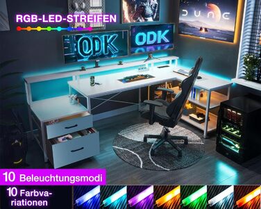 Письмовий стіл ODK з ящиками, L-подібний, з LED підсвіткою, розетками, реверсивний, білий, 189,3×100 см