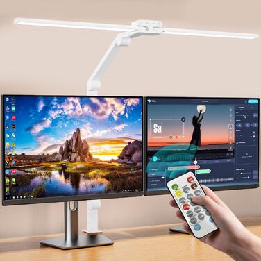 LED лампа настільна KableRika з двома головками, регульована яскравість, 24W, з пульт дистанційного керування, захист очей, для офісу та дому, денне світло, лампа для монітора (біла)