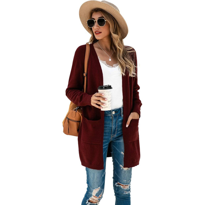 Кардиган жіночий Saodiallsu з довгими рукавами, легкий, однотонний, з кишенею (Вишневий, L)