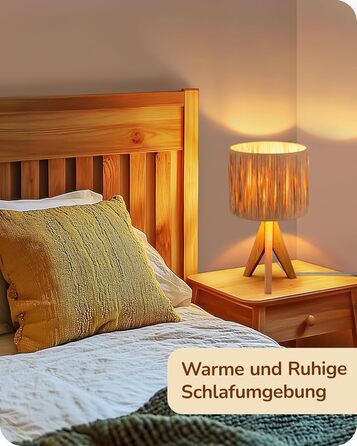 EDISHINE Настільна лампа з ручним плетінням, тепле світло 2700K, з дерев'яною підставкою, Boho стиль, для спальні, вітальні, готелю, з LED лампою E27 4W (рафія)