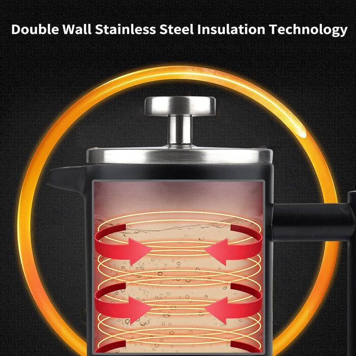 French Press Thermo with Keep-Warm Function, Coffee Maker made of double-walled stainless steel 0.65l, Replacement Filter I Coffee Press also for Home (Black, 650ml)