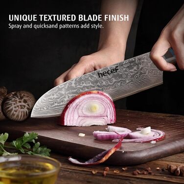 Японський ніж Hecef Damast з високоякісною ручкою з харчової смоли, 20 см. Професійний ніж для кухні з 67 шарів дамаської сталі, гострий, з захистом для леза. Ідеальний подарунок шеф-кухарю та поціновувачу кулінарії.