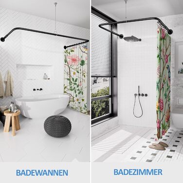 Регульована душова штанга U-подібної/L-подібної форми, 60-92 x 78-196 x 60-92 см, з 12 кільцями для шторки та підпоркою для стелі, чорна. Підходить для ванни/ванної кімнати. Потрібне свердловий монтаж.