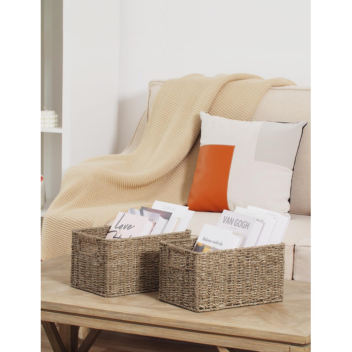 StorageWorks Woven Watermelon Basket Set of 2, Storage Baskets Woven from Watermelon Rind, 33x21x18cm Watermelon Storage Basket Rectangular Shelf Basket with Double Handle for Gifts (Natural Color (Seagrass), 33cmx21cmx18cm)