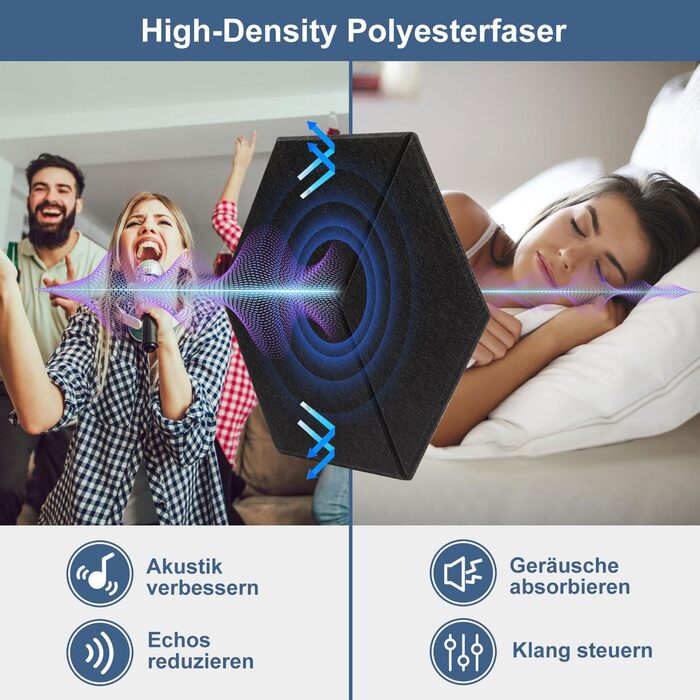 Акустичні гексагональні панелі Fiqops самоклеючі, звукопоглинаючі шестигранні плити для стін, чорні, висока щільність (30x26x0.9 см, 24 шт)