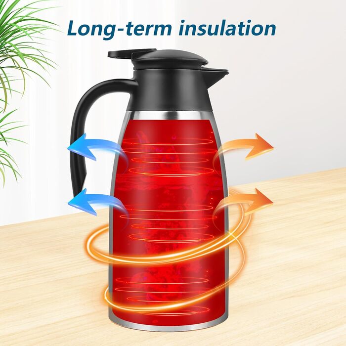 2 Liter Thermos Flask, 304 Stainless Steel Insulated Flask, Coffee Pot Thermo Double-Walled Vacuum, Tea Pot 24 Hour Heat Retention, Thermos Flask for Coffee, Tea, Water, Drink, Keep Warm Flask