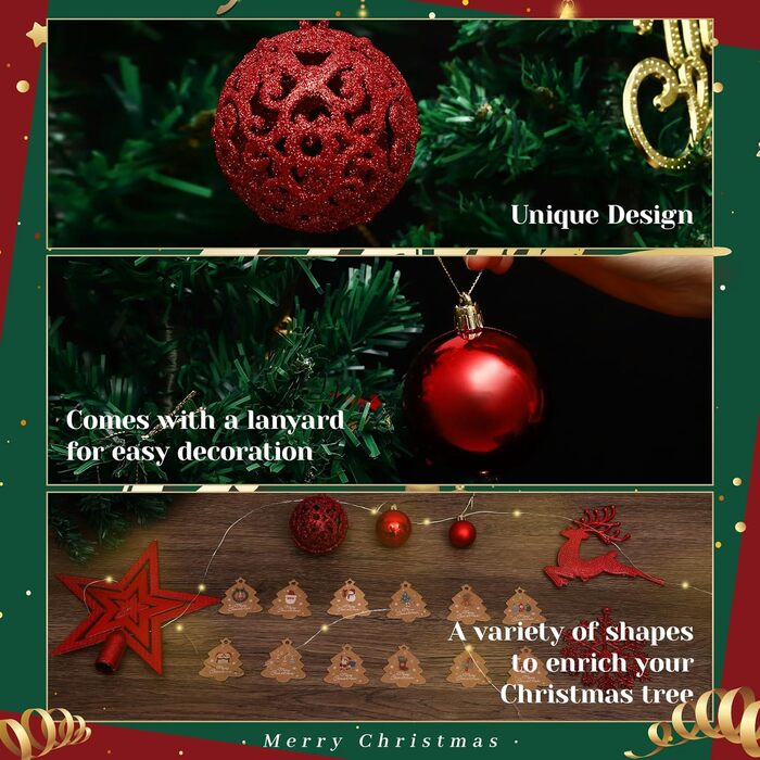 Набір прикрас для ялинки 141 шт. з пластику: матові, глянцеві, з блискітками, з вирізанням. Декоративні кулі для ялинки, червоні. Прикраси для дому та вулиці