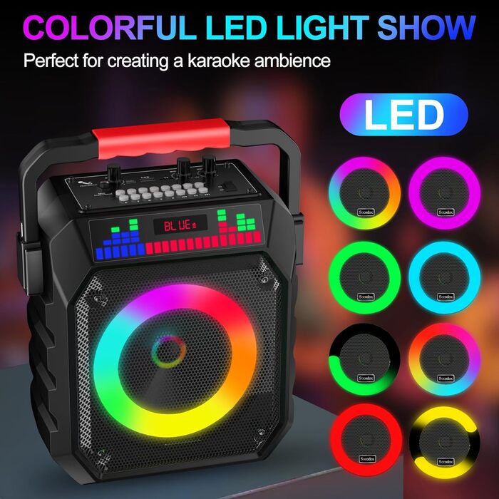 Караоке машина з 2 мікрофонами, портативна Bluetooth колонка з підсвічуванням для дорослих/дітей, PA система, підтримка TF/USB, FM, запис, AUX, для вечірок, співу, DJ, заходів