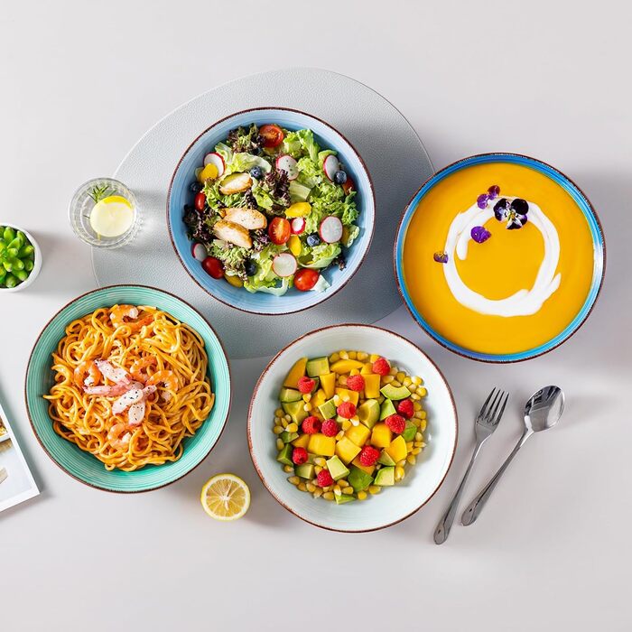 Набір Suppenteller Vancasso Bonita (6 шт.) з кераміки: тарілки для супу, пасти, спагеті, рамену, салатів, універсальні (1.4 л, блакитні)