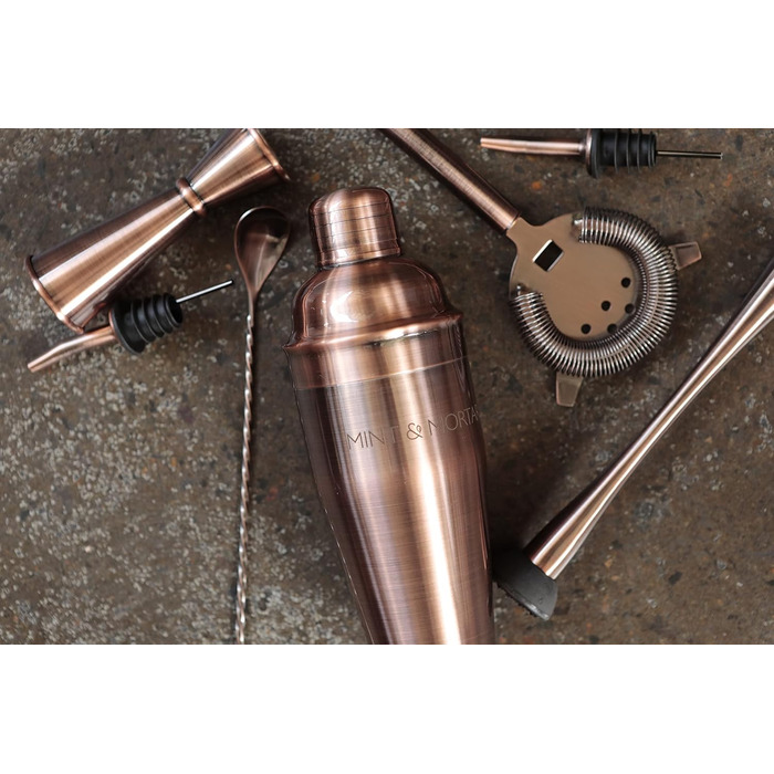 Набір для коктейлів Mint&Mortar 7 предметів з бамбуковим підставкою, з нержавіючої сталі, міксологія, барменський набір з барними інструментами для дому та професійного використання, ідеальний для Мартіні/Маргарити, 680 мл, міксер (Чорний) (Шліфоване мідь