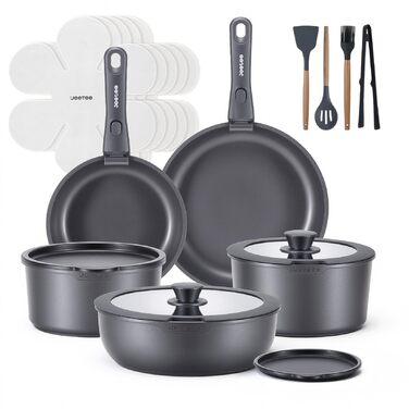 Набір посуду JEETEE 20 предметів з антипригарним титановим покриттям та знімною ручкою, для індукційних плит, з кришками, сірий