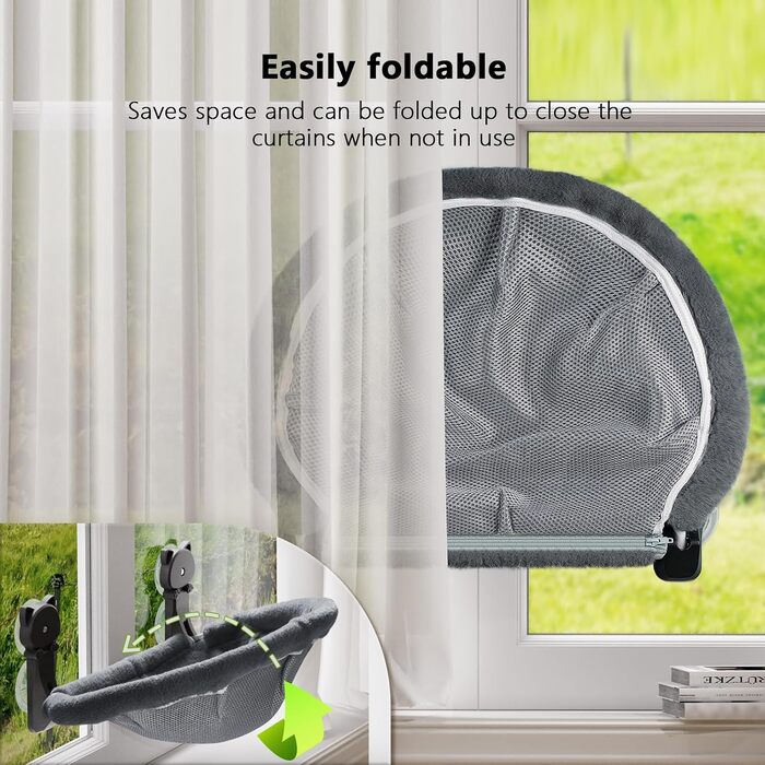 Window perch for cats, foldable & stable cat beds - breathable cat window hammock for monitoring, sunbathing, and climbing - holds up to 18kg max (faux fur rabbit, gray)
