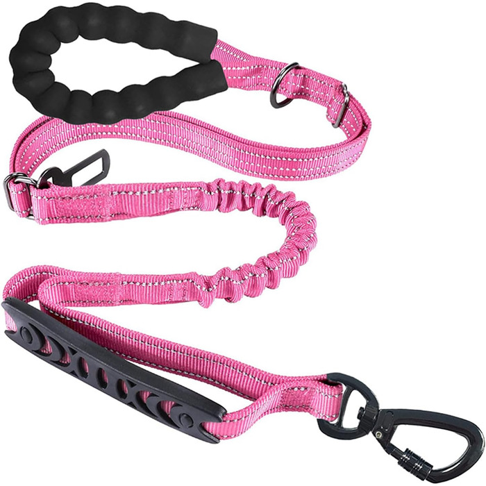 Міцна гумова повідка для собак Robuste, 1,2–1,5 м, з амортизацією та 2 зручними ручками, з кріпленням для авто, чорний (рожевий)