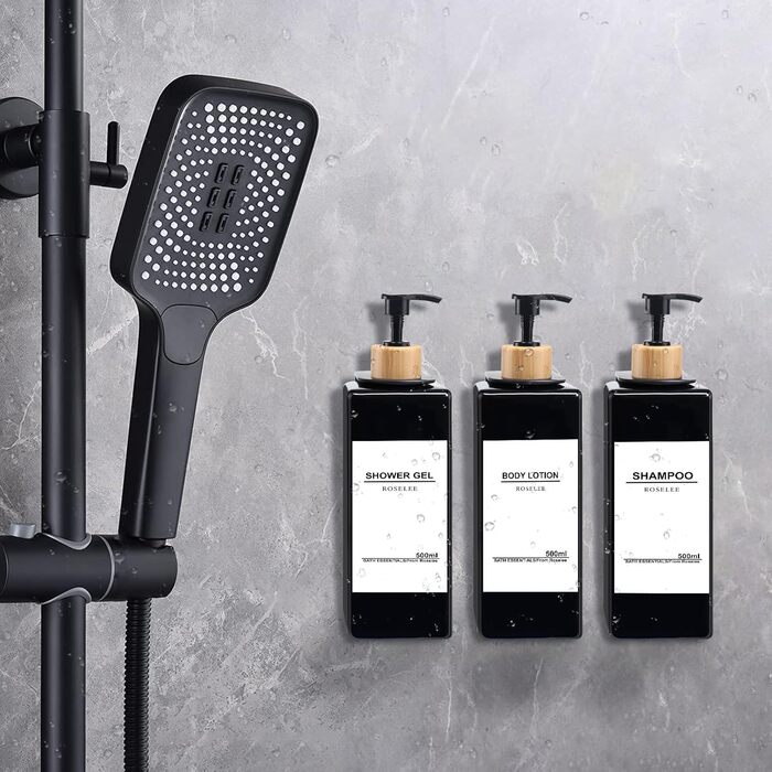 Настінний дозатор для мила Roselee (3 шт.), 500 мл - для ванної кімнати, без свердління, для шампуню, гелю для душу, з етикеткою (Чорний-3)