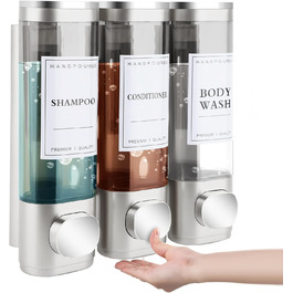 Настінний диспенсер для мила та гелю для душу з 3-ма камерами, 300 мл, ABS пластик, без свердління, для готелю та дому (срібний)