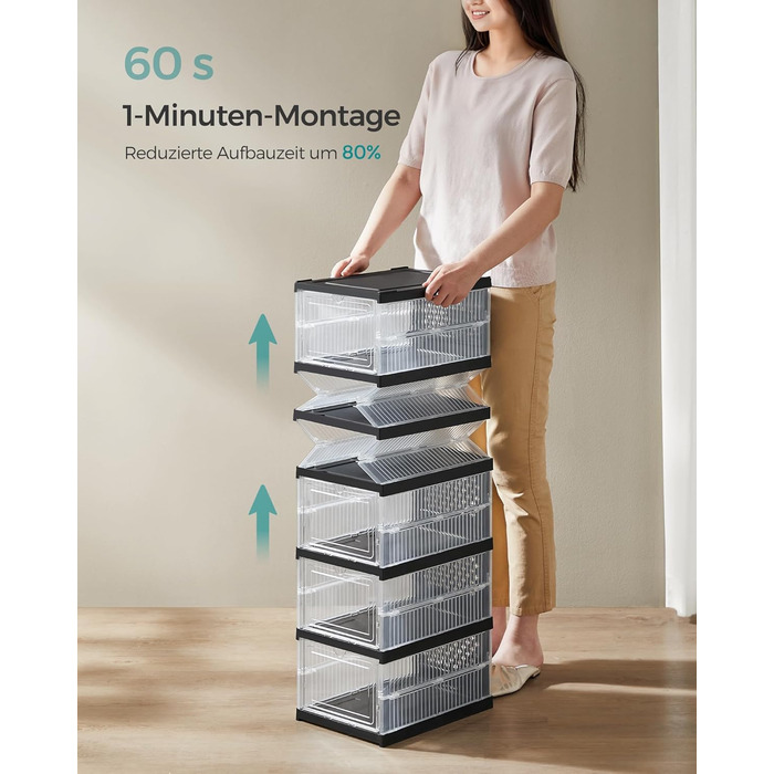 SONGMICS Shoe Cabinet Set, with 18 Shoe Boxes, Integrated Shoe Organizer, Foldable, Portable, for Shoes up to Size 46, 1-Minute Assembly, Transparent-Cloud White LSP207W01 (Transparent + Ink Black, 2)