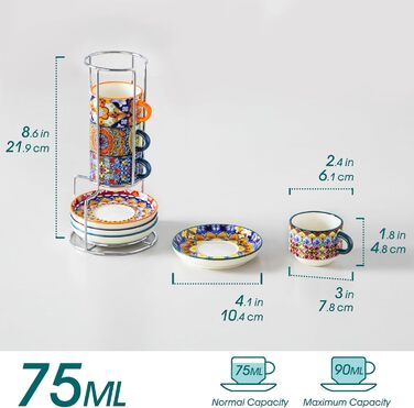 Набір чашок для еспресо Vancasso 4 шт., 150 мл SIMI, з підставками та стійкою, керамічні, для капучіно, еспресо, лате