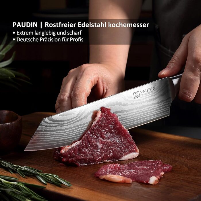 Японський ніж Santoku від Paudin, 20 см, Kiritsuke, з високоякісної сталі, ергономічна ручка, для м'яса, риби та овочів