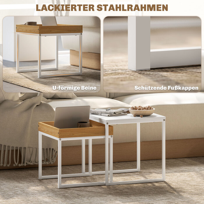 HOMCOM 2-Piece Couch Table Set, Square Side Table, Coffee Table with Steel Frame, Sofa Table in Modern Design, for Living Room, Holds up to 30 kg, White+Oak | Aosom