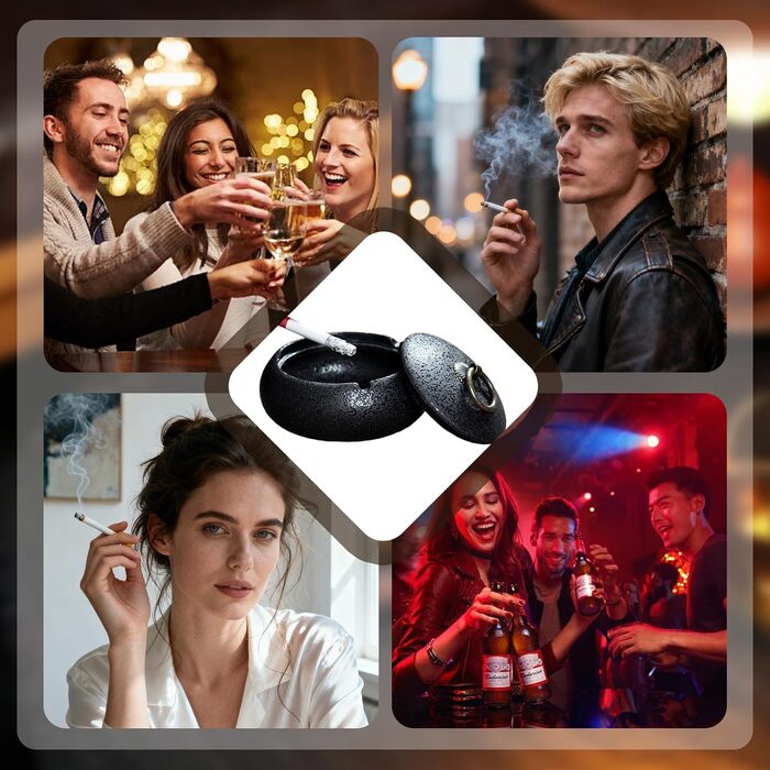 Керамічна попільничка з кришкою, попільничка для сигарет в приміщенні та на вулиці, декор для столу в дім та офіс (Чорний)