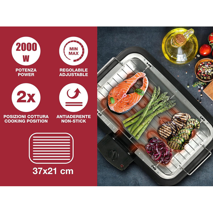 BEPER Electric Grill with Glass Lid - Coated Grill Plate, Stainless Steel, Black (2000W)