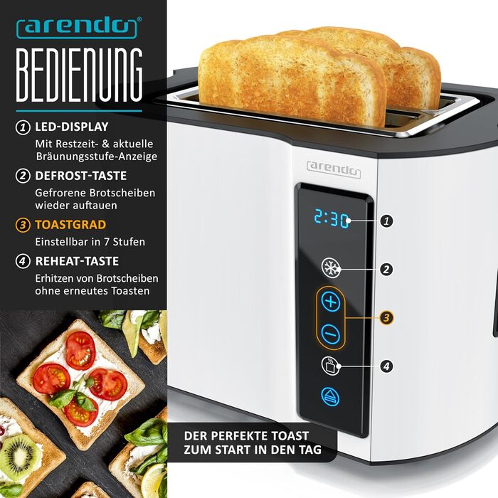 Набір Arendo: чайник з регулюванням температури та тостер на 4 скибочки з підігрівом для булок – нержавіюча сталь, білий матовий