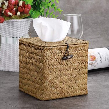 BSTKEY Household Cube, Seagrass Face Towel Box, Decorative Woven Paper Holder, Original Color, Yellow, 35.6 x 35.6 x 33 cm