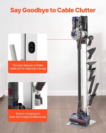 Стійка для пилососа VEVOR 126 см, сумісна з Dyson G5, V15, V12, V11, V10, V8, V7, V6 серії, з аксесуарами, підлогова стійка, кріплення з 6 гачками та антиковзними накладками, сріблястий колір